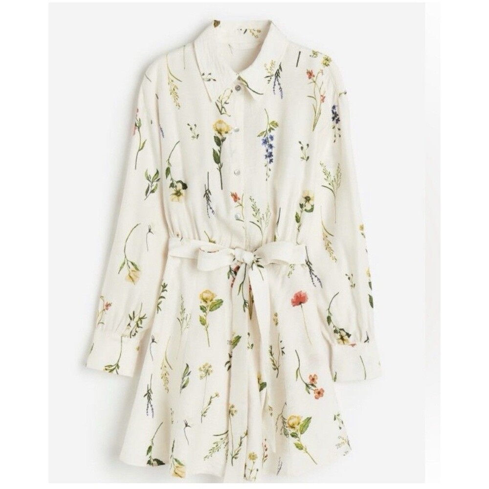 H&M Cream Floral Tie-waist Mini Shirt Dress Small